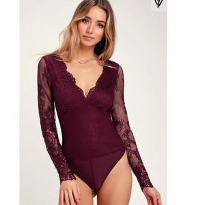 Burgundy lace bodysuit from Lulus